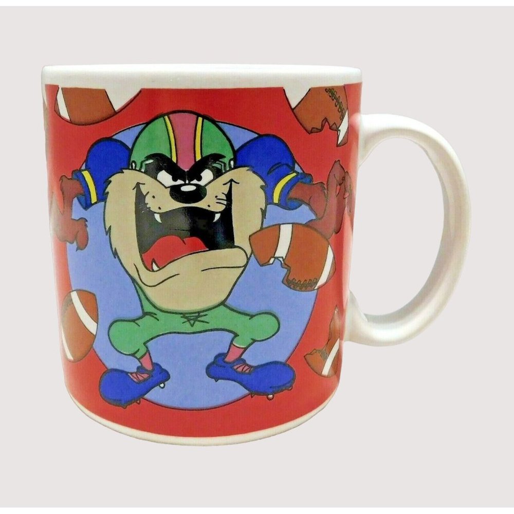 Looney Tunes Taz Football Mug White Red Glass Coffee Cup 1994 Warner Bros.
